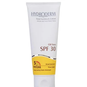 لوسیون ضد آفتاب بی رنگ هیدرودرم با SPF30 مناسب پوست چرب و مستعد آکنه حجم 75 میلی لیتر